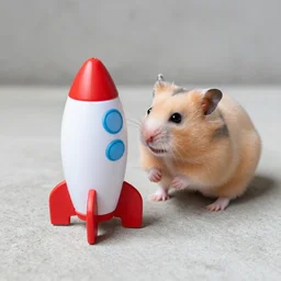 a curious hamster checking out a toy rocket ship on concrete