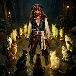A picture of the black pearl from pirates of the carribean with many glowing cats sitting in a circle on it