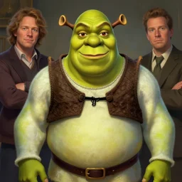 shrek in joe rogan podcast, brown skin, highly detailed, digital painting, artstation, concept art, smooth, sharp focus, illustration, art by artgerm and greg rutkowski and alphonse mucha