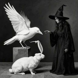 white crow bringing rabbit leg to a witch by Android Jones and M. C. Escher collaboration, futurist, digital art, dramatic lighting