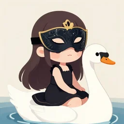 small cute girl with big eyes wearing a masquerade mask sitting on swan, anime, digital art, matte colors