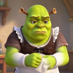 shrek in a maid outfit sad, frowning, crying