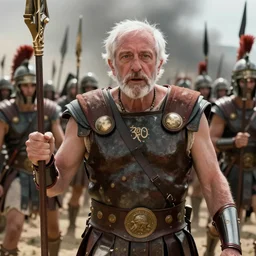 Bernie Sanders dressed as Leonidas in screenshot from 300 movie, with Leonidas beard, leading Spartans into battle, in screenshot from the 300 movie