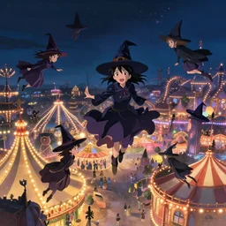 young witches flying above exploring a carnival, witchlight carnival amusement park, night time, high octane filter, 8 k, highly detailed, digital painting, concept art, matte, art by ruan jia and wlop and greg rutkowski and makoto shinkai, masterpiece