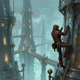 landscape painting of fantasy metal steampunk city that has a light blue glow with walkways and lit windows and a fine detailed hooded thief in browns leathers climbing one of the tall buildings using a rope, fine details, magali villeneuve, artgerm, rutkowski