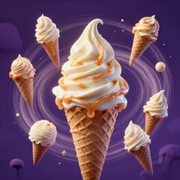 stunning person comprised of ice cream cones and vanilla ice cream caramel swirl conglomerate, centrifugal forces, close up, dark purple dream meadows backdrop, intricate detail, greg rutkowski, rule of thirds, octane render, trending on artstation, 6 k