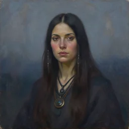 portrait a female shaman wizard, dusk, oil on canvas, by jeffrey catherine jones