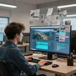A man sitting at a computer watching it feed him an endless supply of AI generated imagery