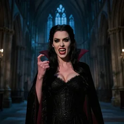 elisha cuthbert as a vampire menacingly flashing her fangs in a gloomy gothic cathedral at night