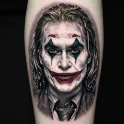 tattoo design of margot robbie with joker makeup, ace card, in the style of rob richardson, realistic face, black and white, realism tattoo, hyper realistic, highly detailed