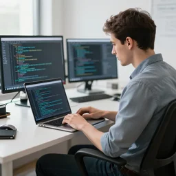 software engineer sitting on a chair with a laptop after finding a bug that he spent several weeks debugging. highly detailed, 8 k.