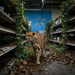 cheetah exploring an abandoned Walmart store covered in leaves and vines, dslr photo, dramatic, ambient lighting