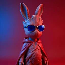 rabbit groot as marble statue with sunglasses, blue sunglasses, in red background, soft blue texture, red realistic 3 d render, high blue lights, 4 k, high detailed photography cape, 5 0 mm lens, rich red colors, smooth gradients, depth of field, cinematic, hyper realism, high detail, octane render, unreal engine, 8 k very red colors