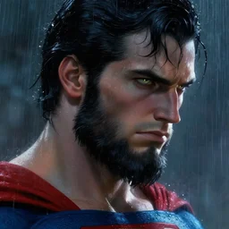 superman with long beard, intense eyes, weary, side profile, wet, raining, close up, rim lighting, portrait, sinister atmospheric lighting. highly detailed painting by greg rutkowski, anime style