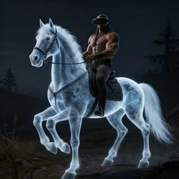 Muscled Warrior riding ghost horse at night time but horse is invisible, evilistic, 16k, VR