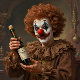 a mustache man wearing brown rags clown wig clown nose, holding a bottle, d & d, intricate, elegant, volumetric lighting, scenery, digital painting, highly detailed, artstation, sharp focus, illustration, concept art, ruan jia, steve mccurry