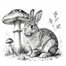 botanical technical drawing of a rabbit sitting near a toadstool mushroom :: Cottage core :: fine detailed :: line art :: lithography :: ink detail and color