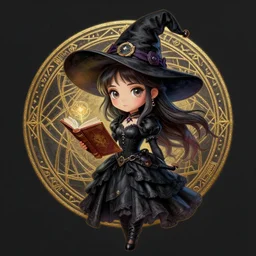 a portrait of girl witch in black dress, magic book, magic circle, fantasy, dungeons and dragons, an ultrafine detailed painting, chibi, detailed painting, boris valejo. octopath traveler decal!!!