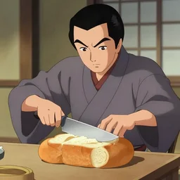 a movie still of a samurai slicing through a loaf of bread by Akira Kurosawa