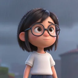 A young girl with glasses looking to a rainy sky, designed by Peter Andrew Jones and Pixar, photorealistic, 3d render, award winning render, unreal engine, octane render, studio lighting, 8k, hd, Dustin Nguyen, Akihiko Yoshida, Greg Tocchini, Greg Rutkowski, Cliff Chiang