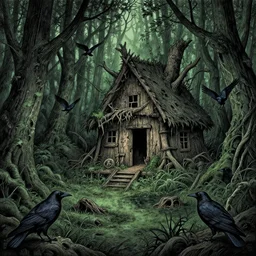 deep into the witchwood forest swamp, crows, decay, hut, detailed intricate ink illustration, dark atmosphere, detailed illustration, hd, 4k, digital art, overdetailed art, concept art, by greg rutkowski, by loish, complementing colors, Trending on artstation, deviantart