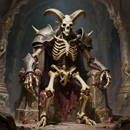 A spiked horned semiork-semihuman skeleton with armored joints stands in a large cavernous throne room. Massive shoulderplates. Extremely high detail, realistic, fantasy art, solo, masterpiece, bones, ripped flesh, saturated colors, art by Zdzisław Beksiński, Arthur Rackham, Dariusz Zawadzki