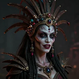 beautiful headshot of the psychotic aztec nightmare queen, realistic render, unreal engine, cgsociety, trending on deviantart, cinematic lighting, highly detailed