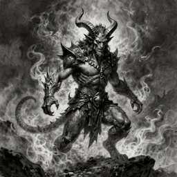 full body grayscale drawing by Anato Finnstark of horned demon in heroic pose, swirling flames