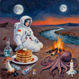 sensual female astronaut, pancakes, camp fire, river, dusk, moonlight, another planet, moonscape, barren, berries, octopus, surgical supplies, mushrooms, scientific glassware, fungus, candle dripping white wax, berry juice drips, neo - expressionism, surrealism, acrylic and spray paint and oilstick on canvas