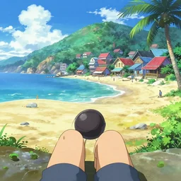 Fantasy tropical port town first-person view of the beach. hidari, color page, tankoban, 4K, tone mapping, Akihiko Yoshida.