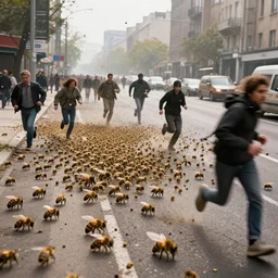 swarm of bee's. infestation in the city. city dwellers run for their lives. terrorist attack.