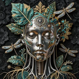 dark scene, ultra detailed, of a metal face, biomechanical cyborg. big leaves and large Dragonflies, stems, roots, fine foliage lace, turquoise gold details, high fashion haute couture, art nouveau fashion embroidered,  intricate details, mesh wire, mandelbrot fractal, anatomical, facial muscles, cable wires, elegant, hyper realistic, dark flower pattern wallpaper, ultra detailed