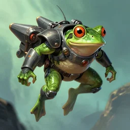 Frog in wearing frog power armor flying with a jetpack artwork by Mike Mignola