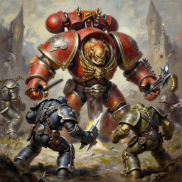 detailed painting of orks from warhammer fighting with orcs from warcraft