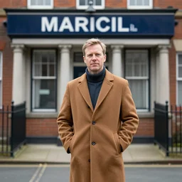 DCI Matthew Burke wearing a brown overcoat standing outside a Maryhill police station