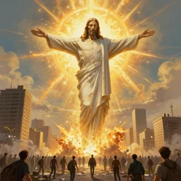 A giant Jesus christ as a giant titan attacking a city full of humans, sun explosion  matte fantasy painting, DeviantArt Artstation, by  Jen Zee and Tatsuya Yoshikawa  by Utsurowazaru Mono  by Tatsuya Yoshikawa  by Hajime Isayama, cinematic lighting