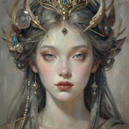 portrait of a beautiful celestial goddess, unusual beauty, esoteric, muted colors, head in focus, fantasy art, ornamental aesthetics intricate, elegant, highly detailed, hyperrealistic painting, artstation, concept art, painterly, sharp focus, illustration, art by lois royo