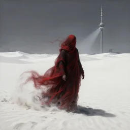 one lone singular swirling otherworldly demonic figure shrouded in black crimson robes emerges from extensive barren white dunescape, matte painting by peter mohrbacher and filip hodas, background cn tower!, godrays, high contrast, highly detailed