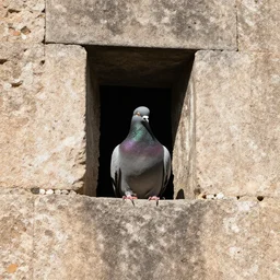 a pigeon stuck in a loophole inside a medieval wall