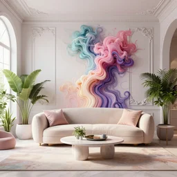 a modern indoor room surrounded a hiper detailed colorfull smoke, clean architecture, pastel colored, baroque, a couch, a couch table, some fresh plants, intricate detailed 3 d render, hyper realistic intricate acrilic fluid art, elegant, intense colors, wide shot, octane render, concept art, daylight, peaceful, 8 k
