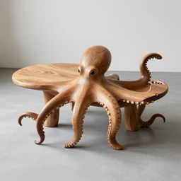 norwegian design furniture of a wood table in the form of a octopus shape carved intricate