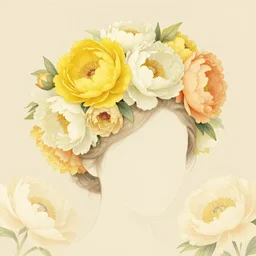 beautiful hairpiece made of yellow, cream, light orange and ivory flowers, peonies, illustrated in the style of james jean and moebius, pastel colors,