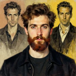portrait of a young bearded man,  in the style of Enki Bilal and Joe Jusko and Alex Ross