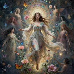 Full View ultrarealistic Portrait ethereal fantasy deity wearing beautiful gown, rising in the air levitating, flowers, butterflies, calm, 4k digital masterpiece by Anna Dittman and Alberto Seveso Ruan Jia, rossdraws, artgerm and greg rutkowski and alphonse mucha and loish and WLOP, fantasycore, Hyperdetailed, fractals, scribble art, realistic digital painting, atmospheric, fireflies, soft lighting, featured on Artstation