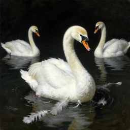white ball, made by swans, feathers, melted in the water. dark atmosphere, dark space. swans. messy. by andrew wyeth, jenny saville and nicola samori