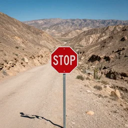 a stop roadsign in a mountain desert valley, liminal, birdeye view
