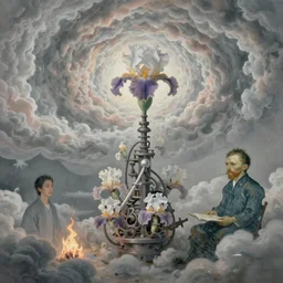 divine chaos engine by karol bak and ruan jia and vincent van gogh, desaturated moody neutral pastel colors, iris van herpen visionary dreamscape, symbolist, james jean spiraling clouds, imagination, daydreams and nightmares, otherworldly, ethereal, fire and ice