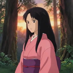 portrait bust of woman, redwood forest, long black hair, pink kimono, heavy rain, backlit, princess mononoke, 4 k, greg rutkowski, shallow depth of field, dramatic lighting, sunset, hayao miyazaki, masashi ando, nizou yamamoto, kazuo oga, joe hisaishi, yoji takeshige, naoya tanaka
