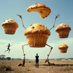 giant floating alien muffins with big long legs dancing and jumping. scorsese, wes anderson, kodachrome, fred herzog. epic view. cinestill film tones, by chesley bonestell, vincent di fate