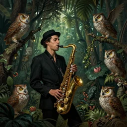 jazz saxophonist owls in the aztec jungle of life, by dave dorman hieronymus bosch, cyril rolando, esher and natalie shau, whimsical, profound, impossible, dark, atmospheric, brooding, digital painting, intricate.